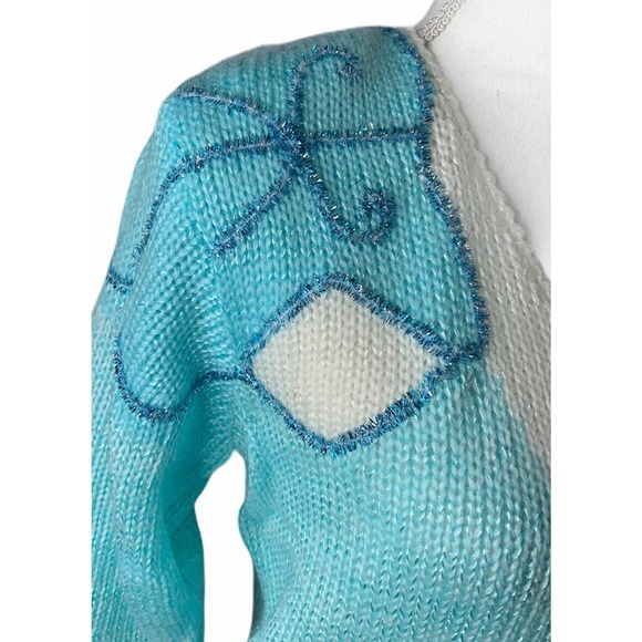 Vintage Charlotte VanHorne Turquoise Blue White Embellished V Neck Sweater Sz L - Picture 5 of 10